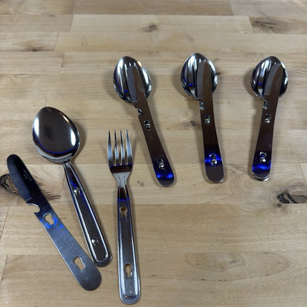 Vintage Stainless Steel Japan Camping Utensil Knife, Spoon, Fork & Pouch Set X 4